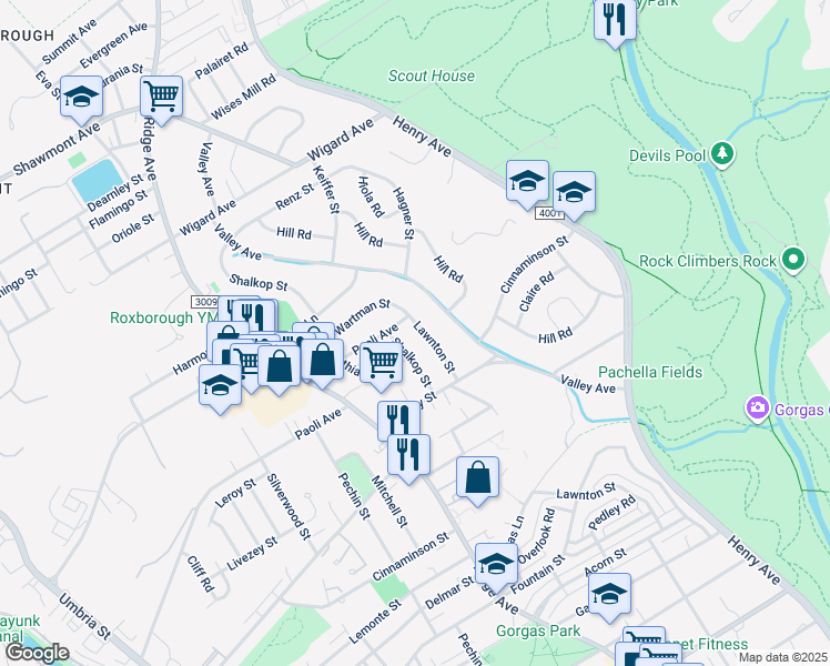 map of restaurants, bars, coffee shops, grocery stores, and more near 6915 Shalkop Street in Philadelphia
