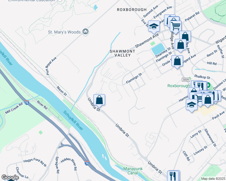 map of restaurants, bars, coffee shops, grocery stores, and more near 7516 Shaw Street in Philadelphia