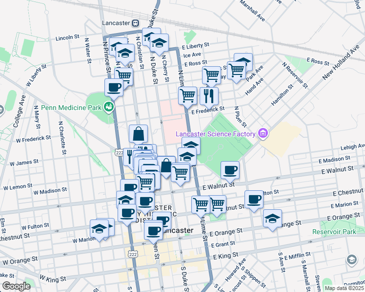 map of restaurants, bars, coffee shops, grocery stores, and more near 139 Spruce Street in Lancaster