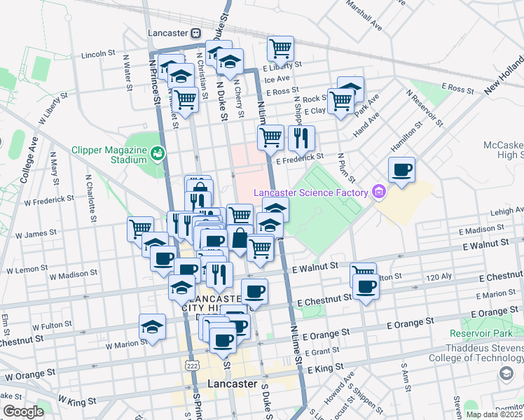 map of restaurants, bars, coffee shops, grocery stores, and more near 139 Spruce Street in Lancaster