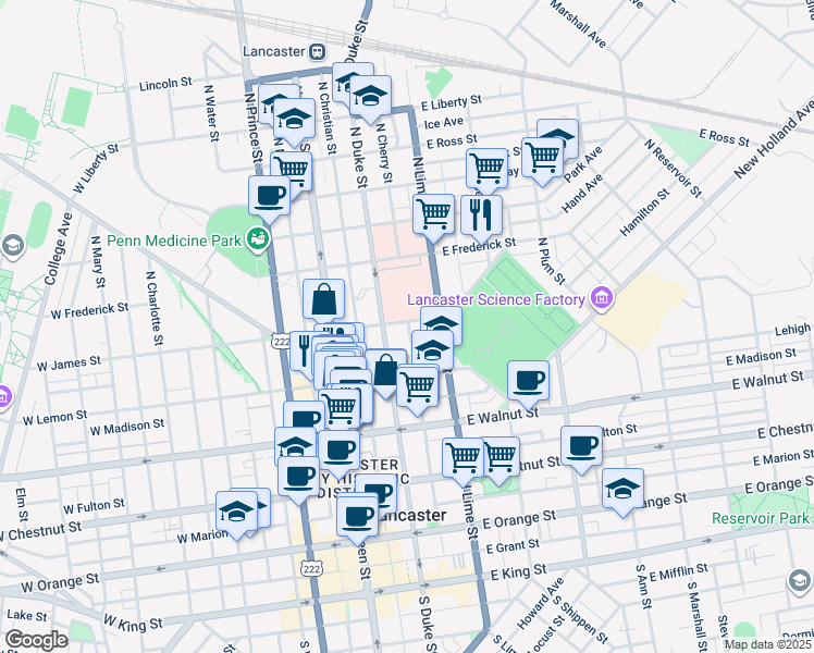 map of restaurants, bars, coffee shops, grocery stores, and more near 139 Spruce Street in Lancaster