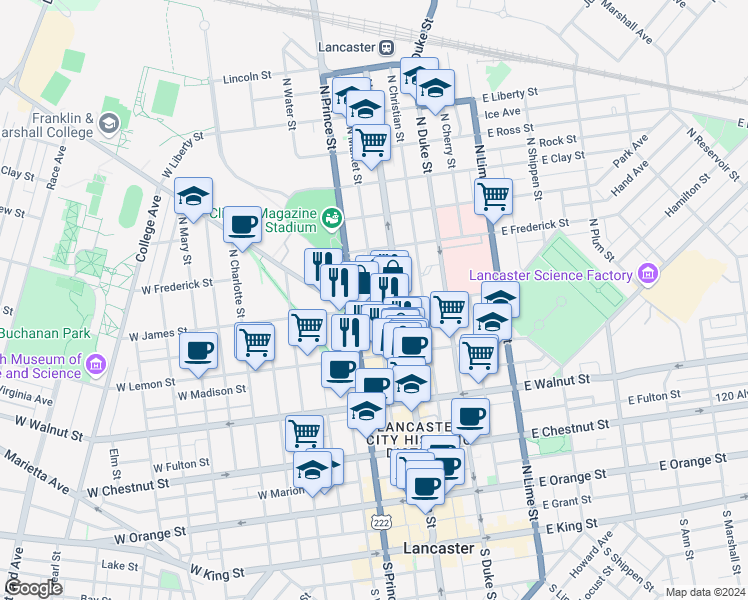 map of restaurants, bars, coffee shops, grocery stores, and more near 447 North Market Street in Lancaster