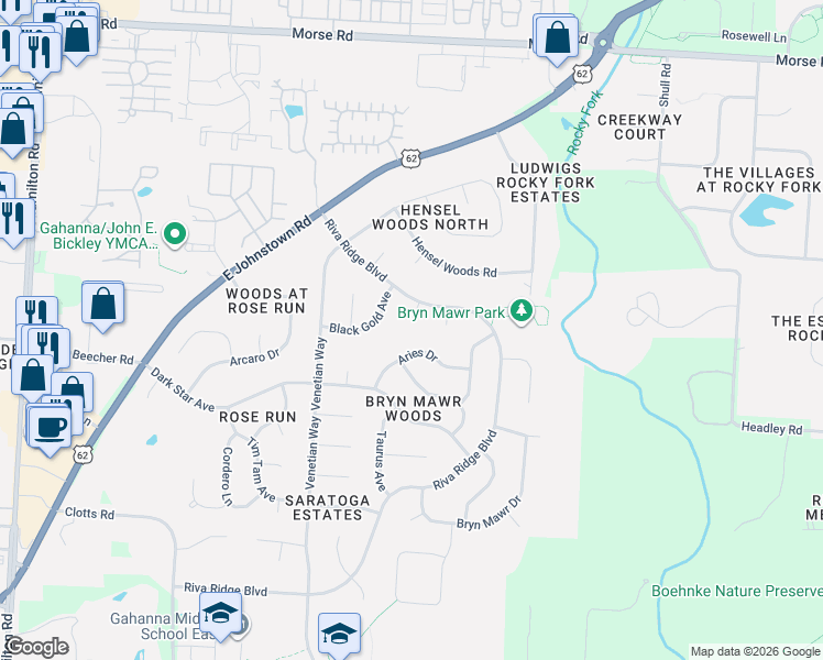 map of restaurants, bars, coffee shops, grocery stores, and more near 870 Aries Drive in Columbus