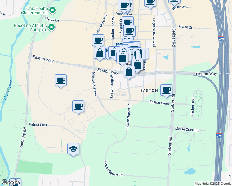 map of restaurants, bars, coffee shops, grocery stores, and more near 3842 Charter Oak Way in Columbus