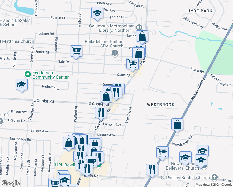 map of restaurants, bars, coffee shops, grocery stores, and more near 4734 Cleveland Avenue in Columbus