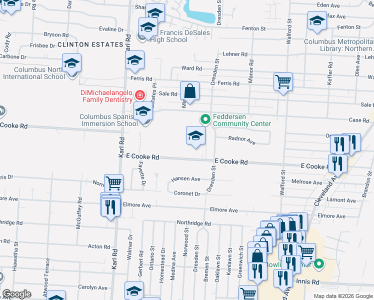 map of restaurants, bars, coffee shops, grocery stores, and more near 1656 East Cooke Road in Columbus