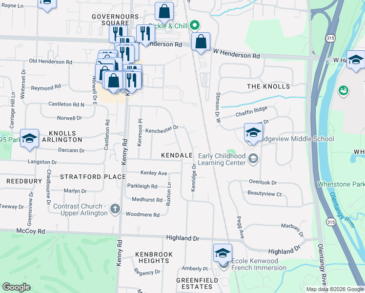 map of restaurants, bars, coffee shops, grocery stores, and more near 4233 Kenridge Drive in Columbus