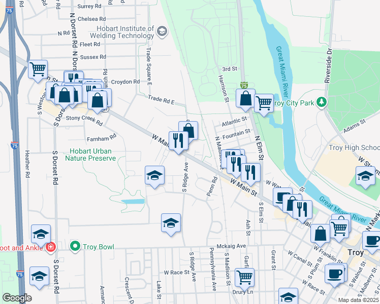 map of restaurants, bars, coffee shops, grocery stores, and more near 1026 West Main Street in Troy
