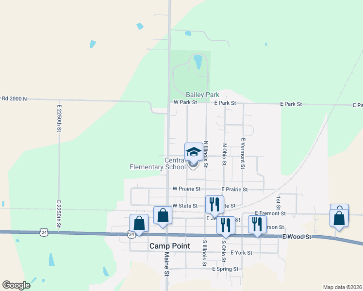 map of restaurants, bars, coffee shops, grocery stores, and more near 200 School St in Camp Point