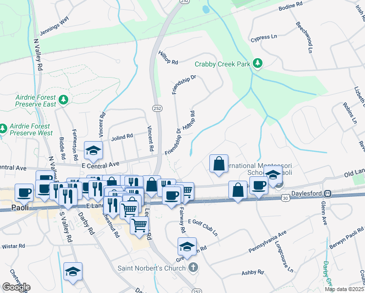 map of restaurants, bars, coffee shops, grocery stores, and more near 253 Friendship Drive in Paoli