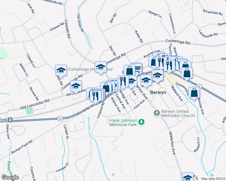 map of restaurants, bars, coffee shops, grocery stores, and more near 802 Lancaster Avenue in Berwyn