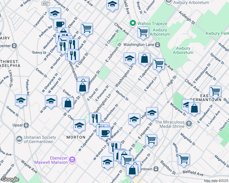map of restaurants, bars, coffee shops, grocery stores, and more near 152 East Washington Lane in Philadelphia