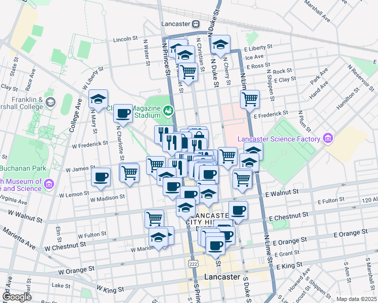 map of restaurants, bars, coffee shops, grocery stores, and more near 447 North Market Street in Lancaster