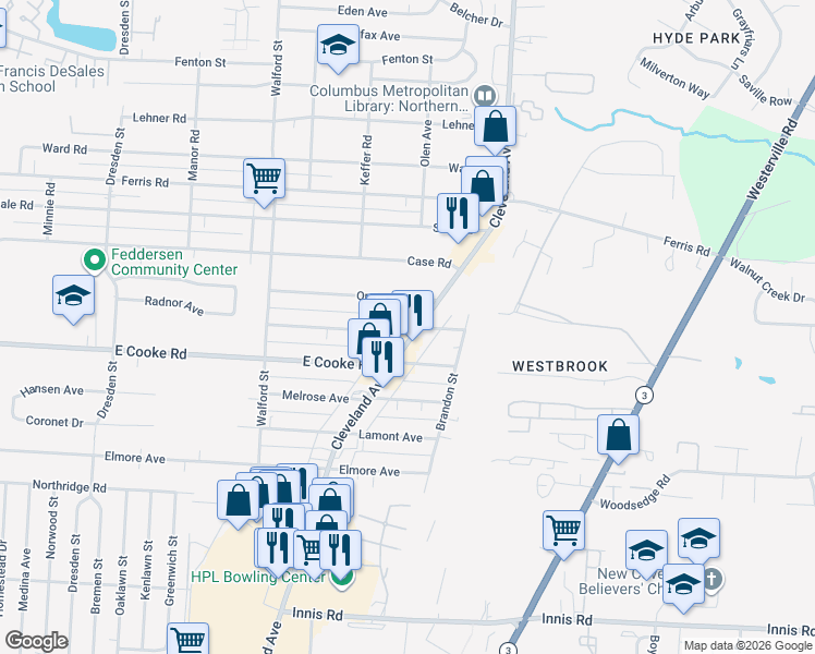 map of restaurants, bars, coffee shops, grocery stores, and more near 3762 Cleveland Avenue in Columbus