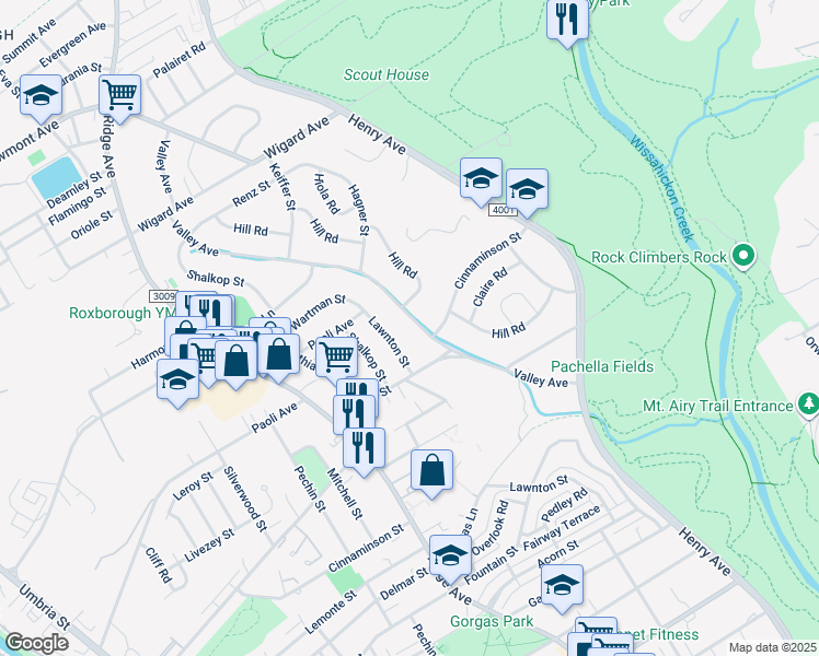 map of restaurants, bars, coffee shops, grocery stores, and more near 7122 Valley Avenue in Philadelphia