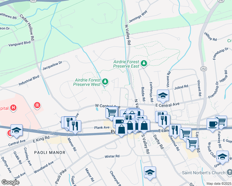 map of restaurants, bars, coffee shops, grocery stores, and more near 46 Keystone Avenue in Paoli