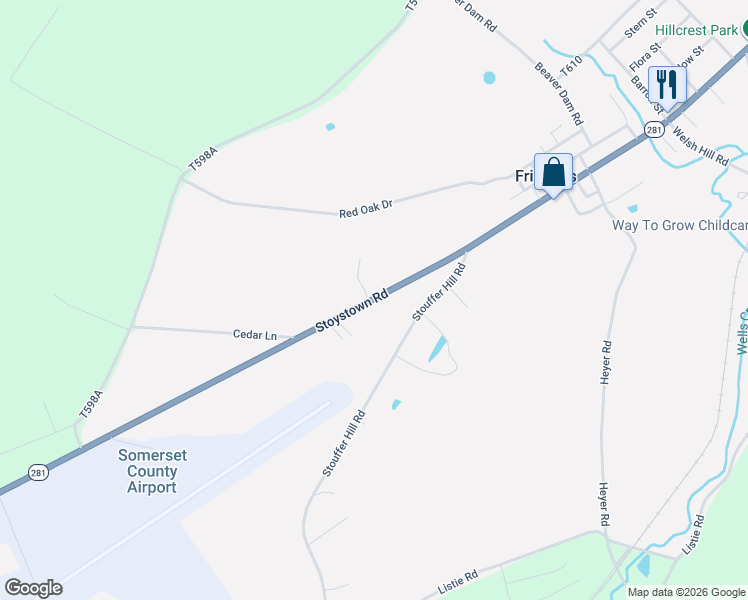map of restaurants, bars, coffee shops, grocery stores, and more near 1946 Stoystown Road in Friedens