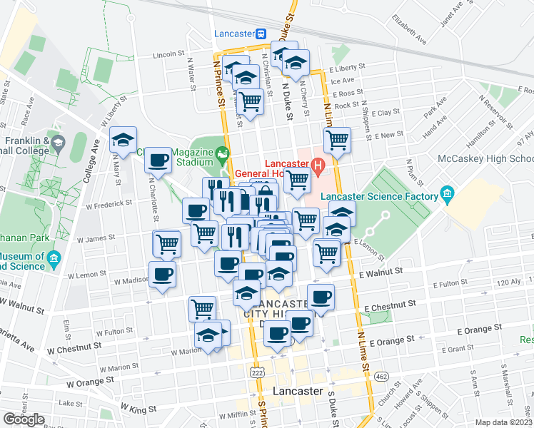 map of restaurants, bars, coffee shops, grocery stores, and more near 504 North Queen Street in Lancaster
