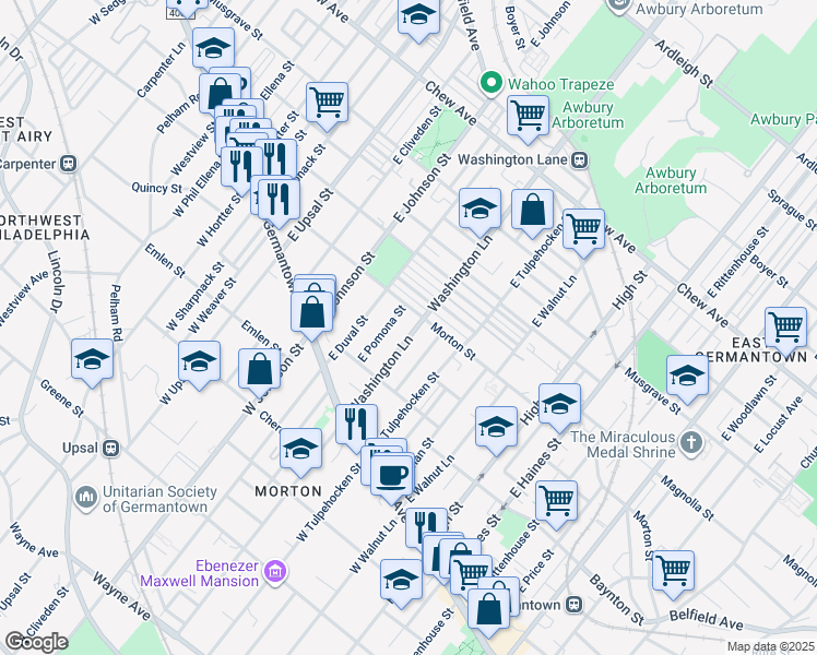 map of restaurants, bars, coffee shops, grocery stores, and more near 155 East Washington Lane in Philadelphia