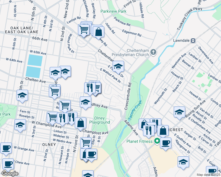 map of restaurants, bars, coffee shops, grocery stores, and more near 6331 Foxhill Road in Philadelphia