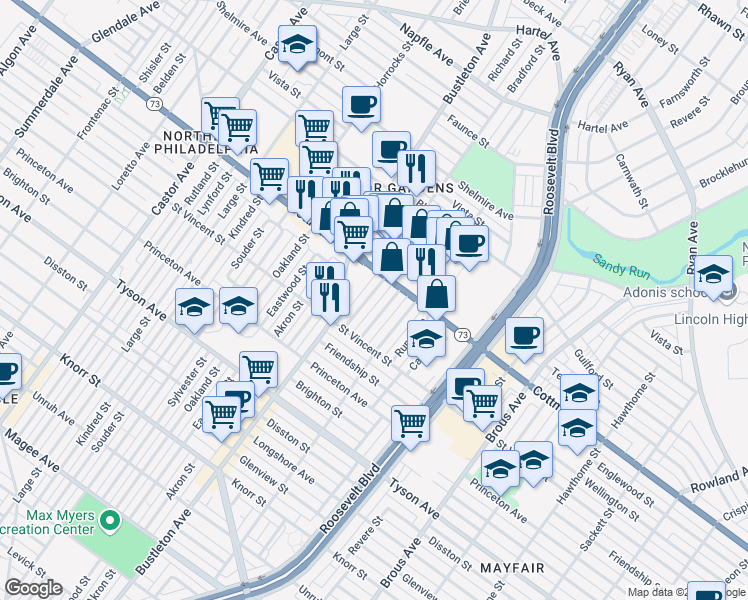 map of restaurants, bars, coffee shops, grocery stores, and more near 7249 Bradford Street in Philadelphia