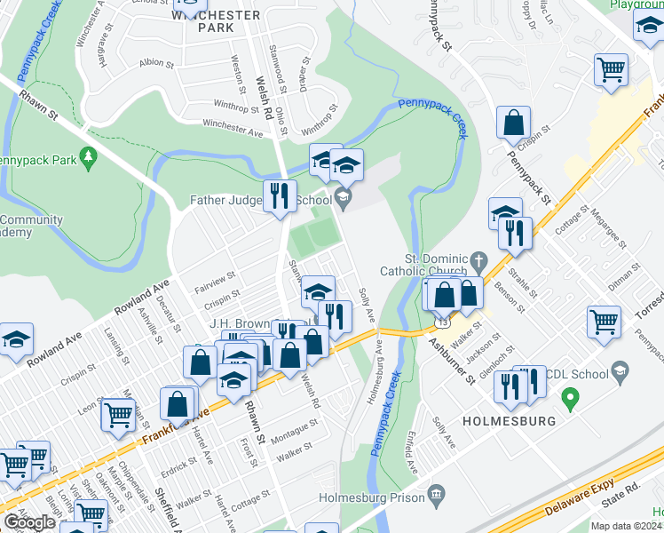 map of restaurants, bars, coffee shops, grocery stores, and more near 3418 Hess Street in Philadelphia