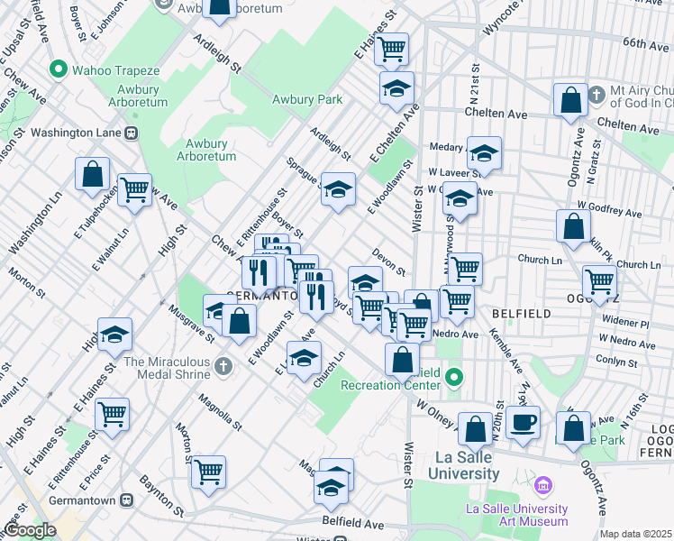 map of restaurants, bars, coffee shops, grocery stores, and more near 5626 Boyer Street in Philadelphia
