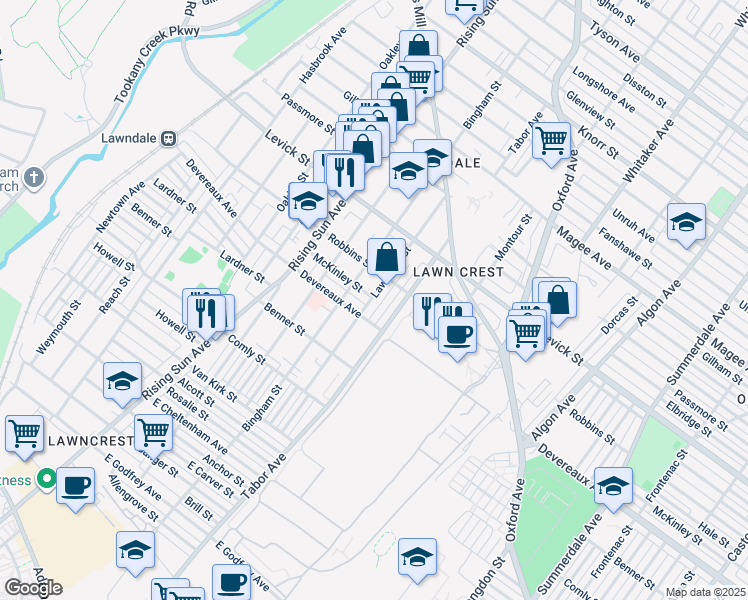 map of restaurants, bars, coffee shops, grocery stores, and more near 6239 Lawndale Street in Philadelphia