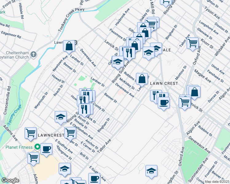 map of restaurants, bars, coffee shops, grocery stores, and more near 6122 Palmetto Street in Philadelphia