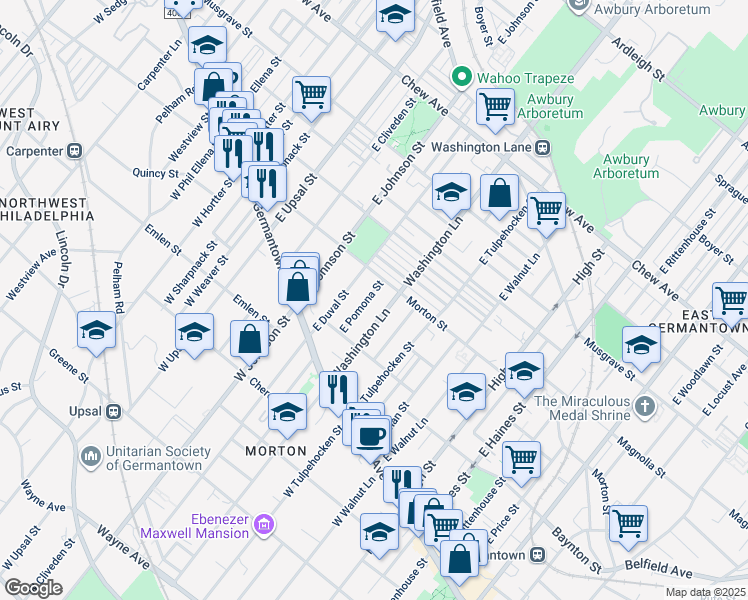 map of restaurants, bars, coffee shops, grocery stores, and more near 152 East Pomona Street in Philadelphia