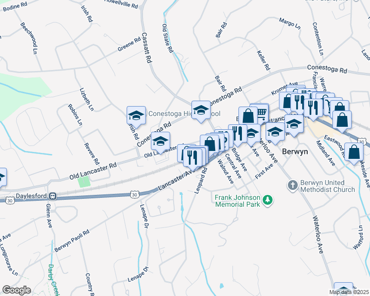 map of restaurants, bars, coffee shops, grocery stores, and more near 909 Old Lancaster Road in Berwyn