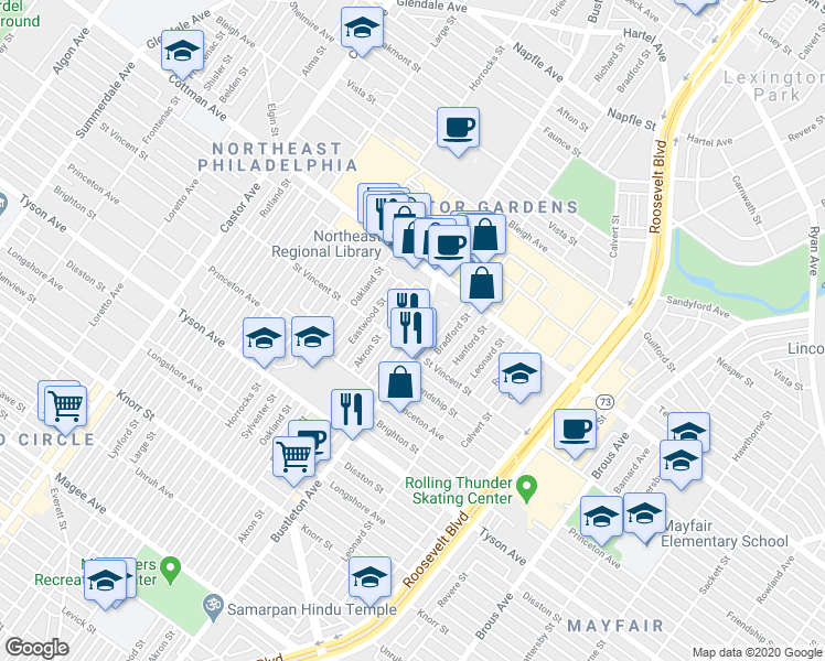 map of restaurants, bars, coffee shops, grocery stores, and more near 7218 Bustleton Avenue in Philadelphia