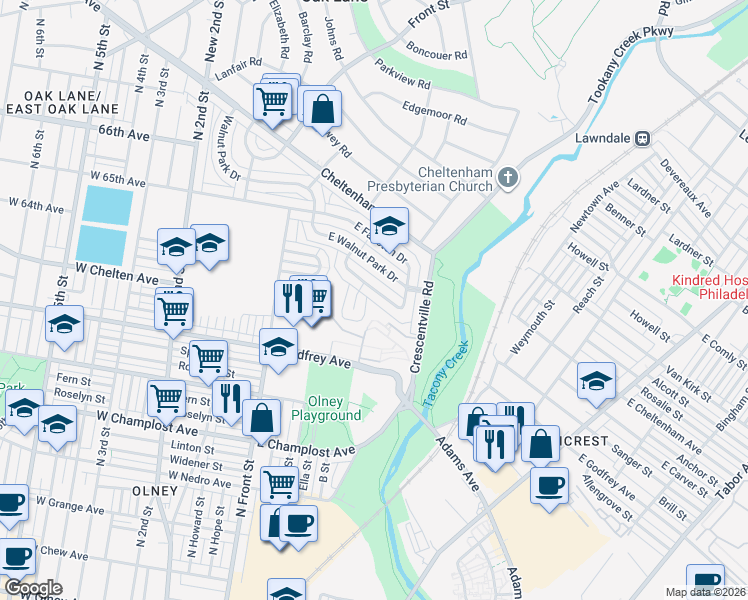 map of restaurants, bars, coffee shops, grocery stores, and more near 6311 Foxhill Road in Philadelphia