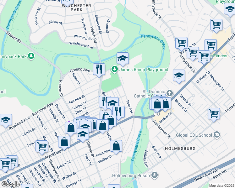 map of restaurants, bars, coffee shops, grocery stores, and more near 3418 Hess Street in Philadelphia