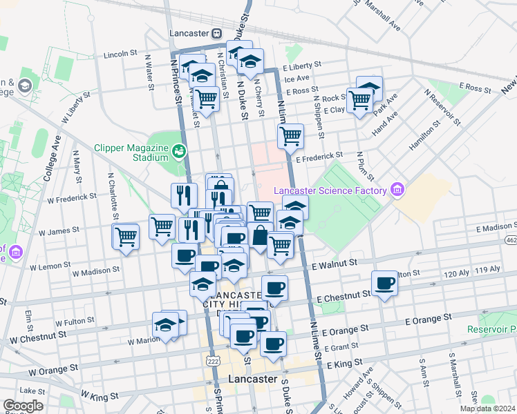 map of restaurants, bars, coffee shops, grocery stores, and more near 98 East James Street in Lancaster