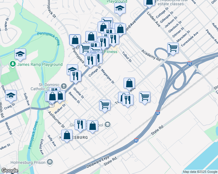 map of restaurants, bars, coffee shops, grocery stores, and more near 8743 Glenloch Street in Philadelphia