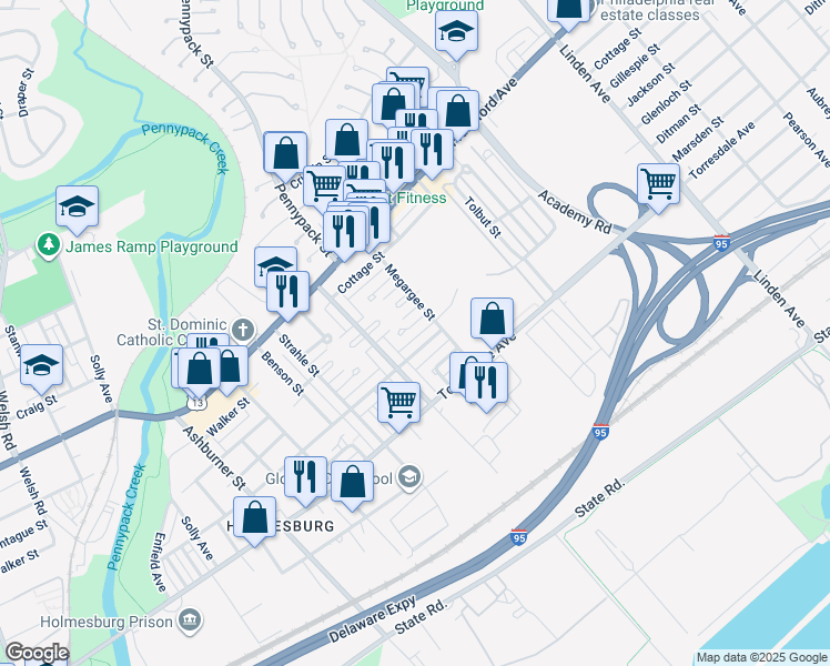 map of restaurants, bars, coffee shops, grocery stores, and more near 8743 Glenloch Street in Philadelphia