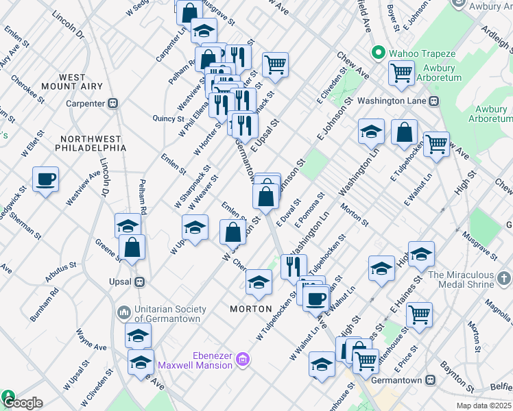 map of restaurants, bars, coffee shops, grocery stores, and more near 6410 Germantown Avenue in Philadelphia