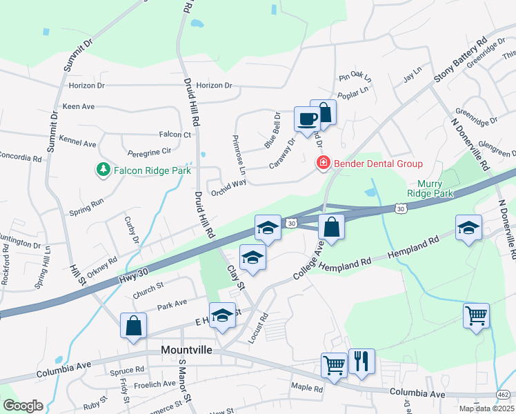 map of restaurants, bars, coffee shops, grocery stores, and more near 314 Primrose Lane in Mountville