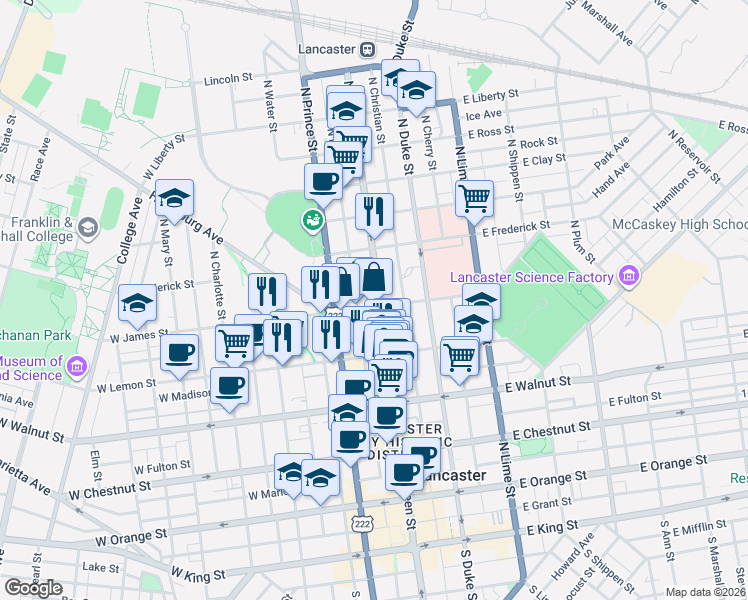 map of restaurants, bars, coffee shops, grocery stores, and more near 447 North Market Street in Lancaster