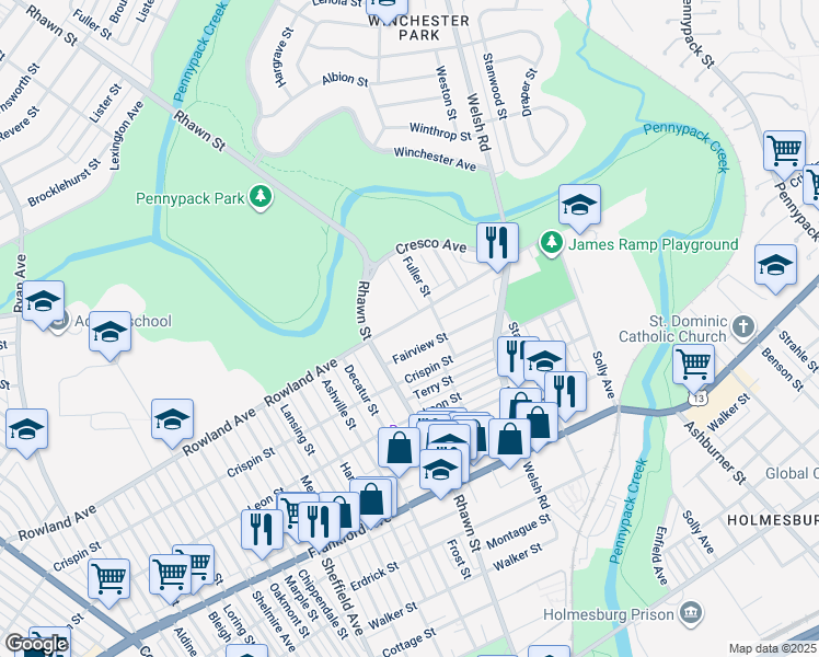 map of restaurants, bars, coffee shops, grocery stores, and more near 8023 Rowland Avenue in Philadelphia