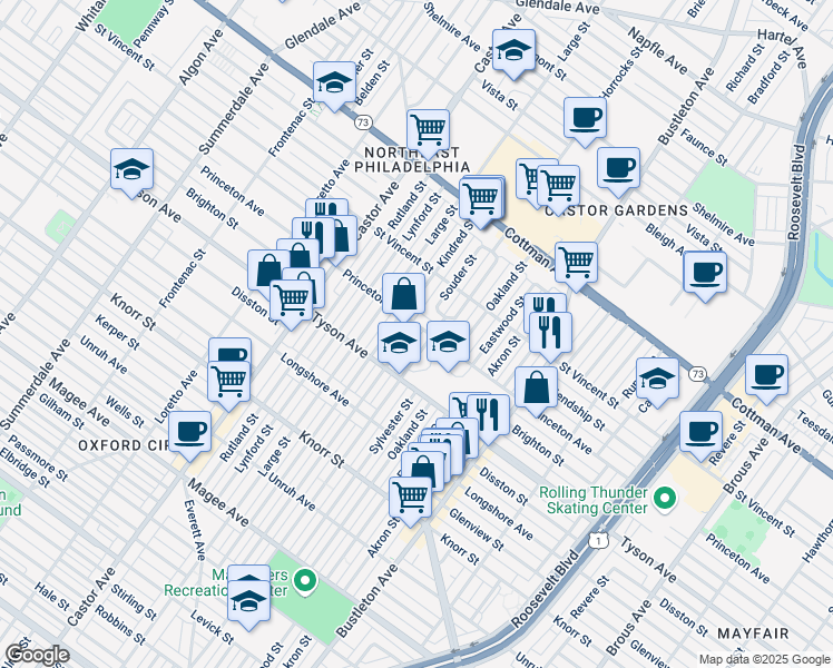 map of restaurants, bars, coffee shops, grocery stores, and more near 7045 Souder Street in Philadelphia