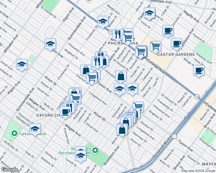 map of restaurants, bars, coffee shops, grocery stores, and more near 6938 Large Street in Philadelphia