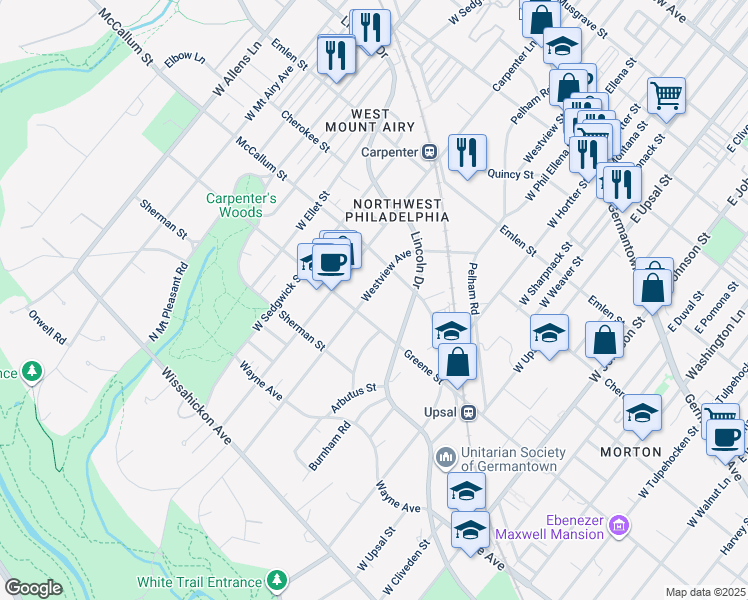 map of restaurants, bars, coffee shops, grocery stores, and more near 530 Westview Street in Philadelphia