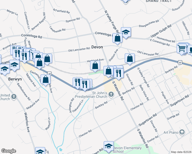 map of restaurants, bars, coffee shops, grocery stores, and more near 227 U.S. 30 in Wayne