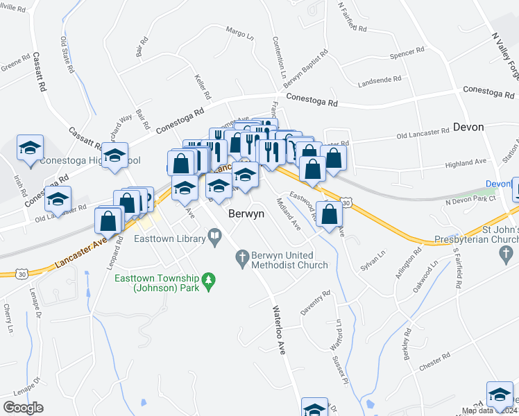 map of restaurants, bars, coffee shops, grocery stores, and more near in Berwyn