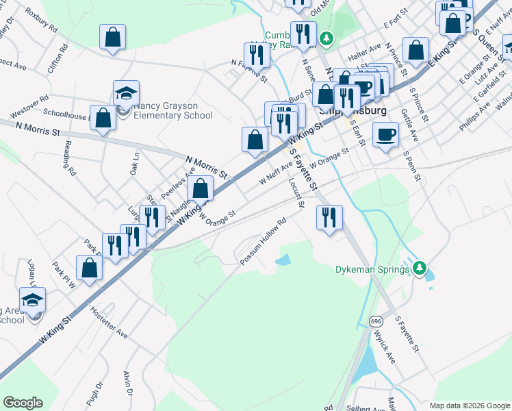 map of restaurants, bars, coffee shops, grocery stores, and more near in Shippensburg