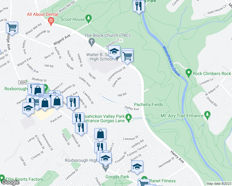 map of restaurants, bars, coffee shops, grocery stores, and more near 727 Hill Road in Philadelphia