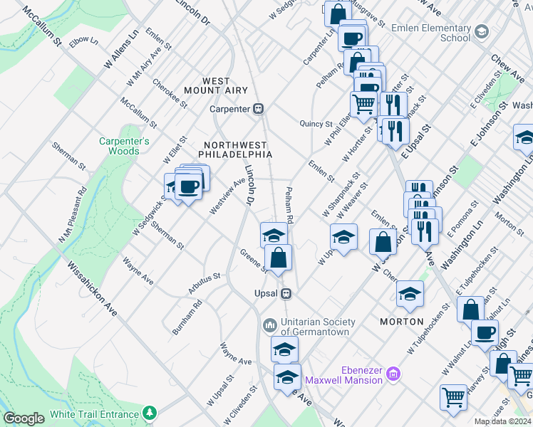 map of restaurants, bars, coffee shops, grocery stores, and more near 6655 McCallum Street in Philadelphia