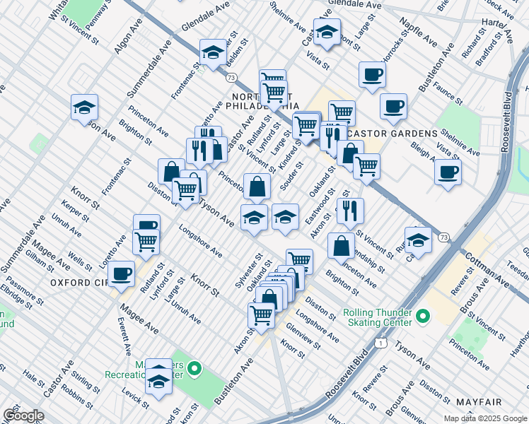 map of restaurants, bars, coffee shops, grocery stores, and more near 7045 Souder Street in Philadelphia
